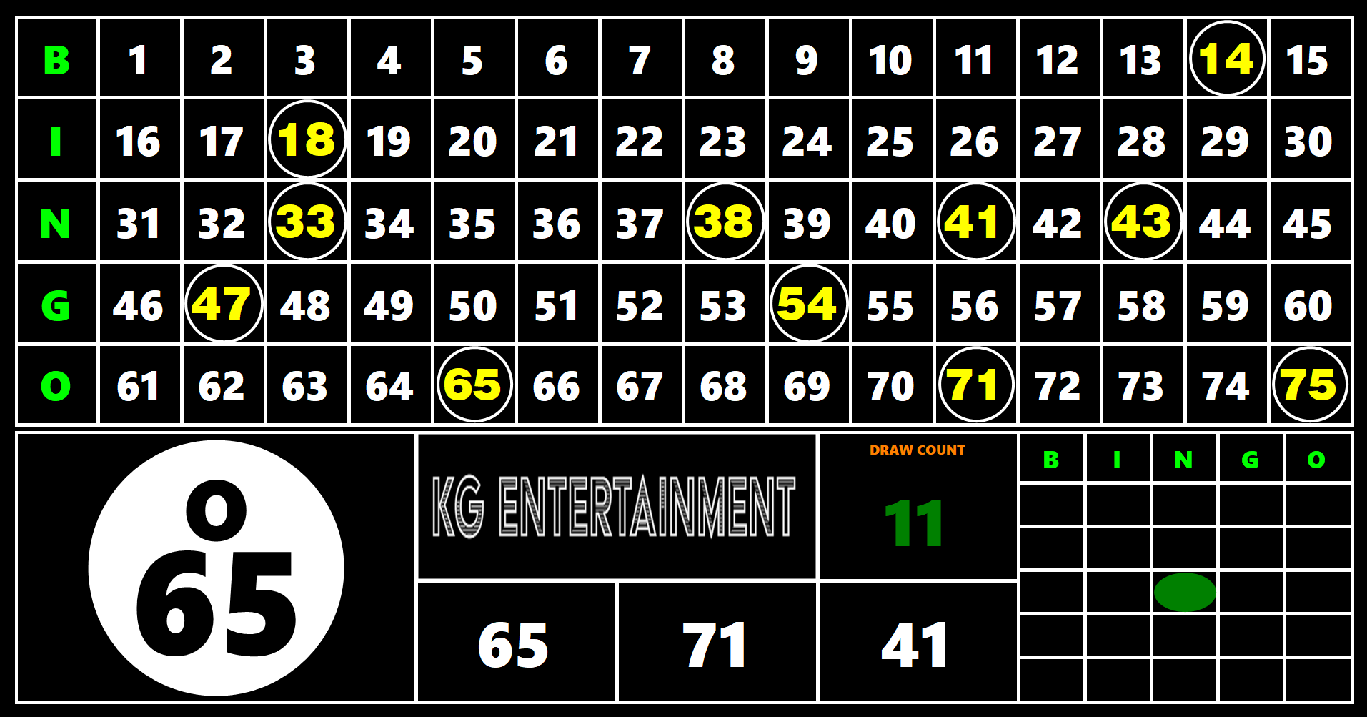 Bingo-tainment game display showing called numbers, the current ball, draw history, and winning pattern